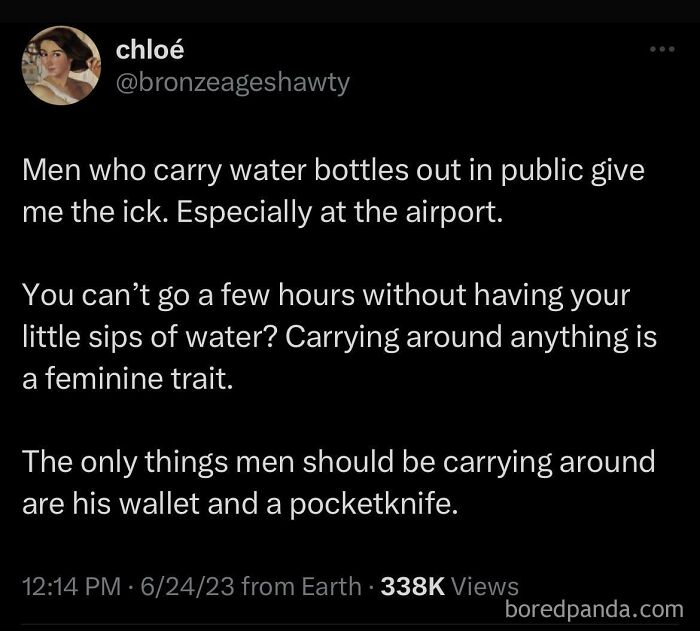 Tweet expressing dislike of men carrying water bottles in public