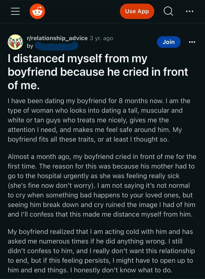 Reddit post about distancing from boyfriend after he cried