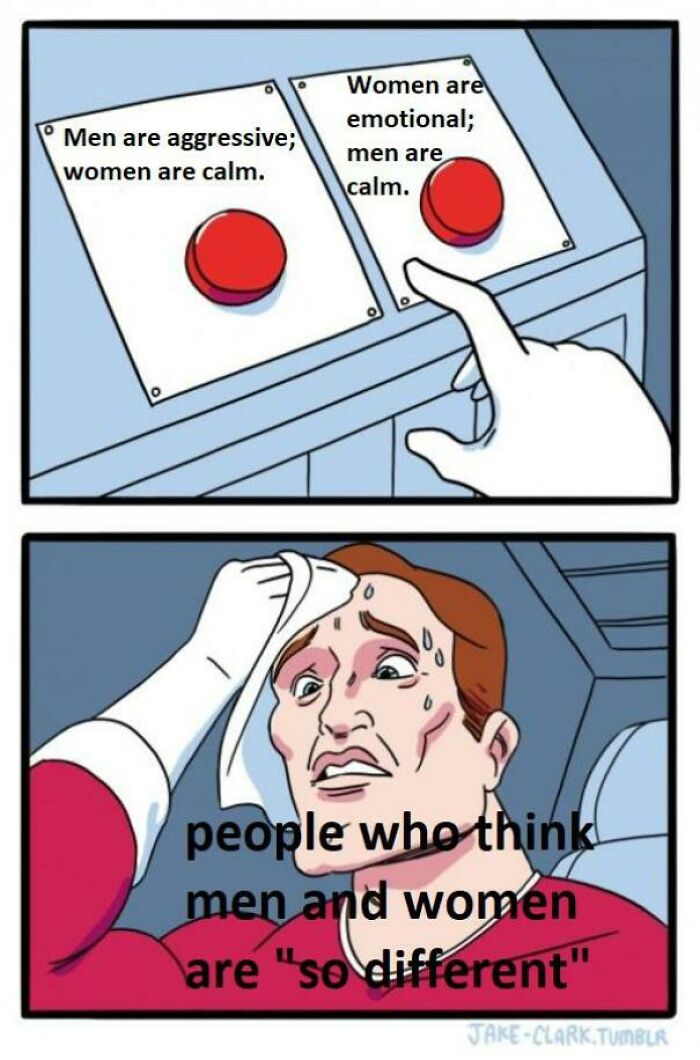 Man sweating deciding between two buttons about men and women stereotypes