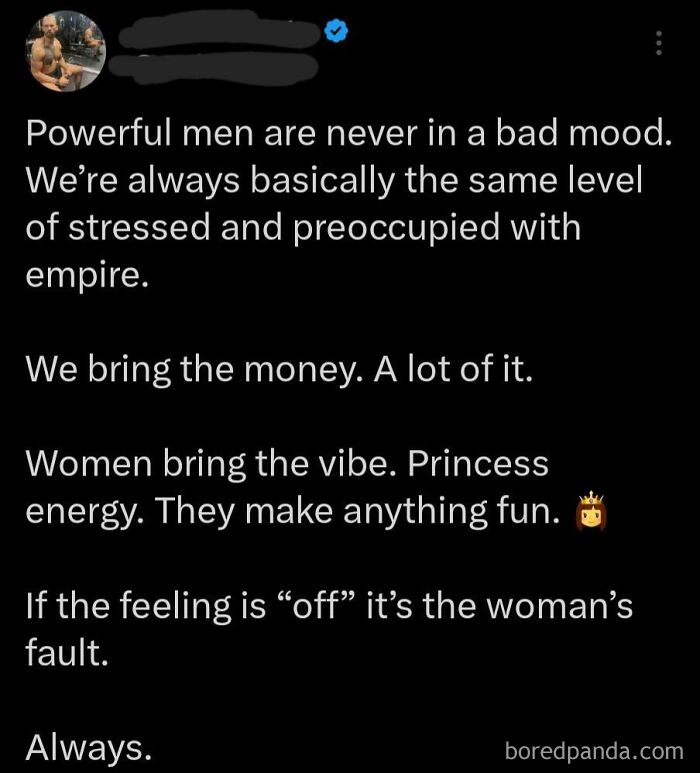 Tweet about powerful men bringing money and women bringing vibe