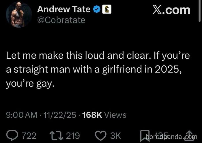 Tweet by Andrew Tate about straight men and girlfriends with keyword attraction to minors