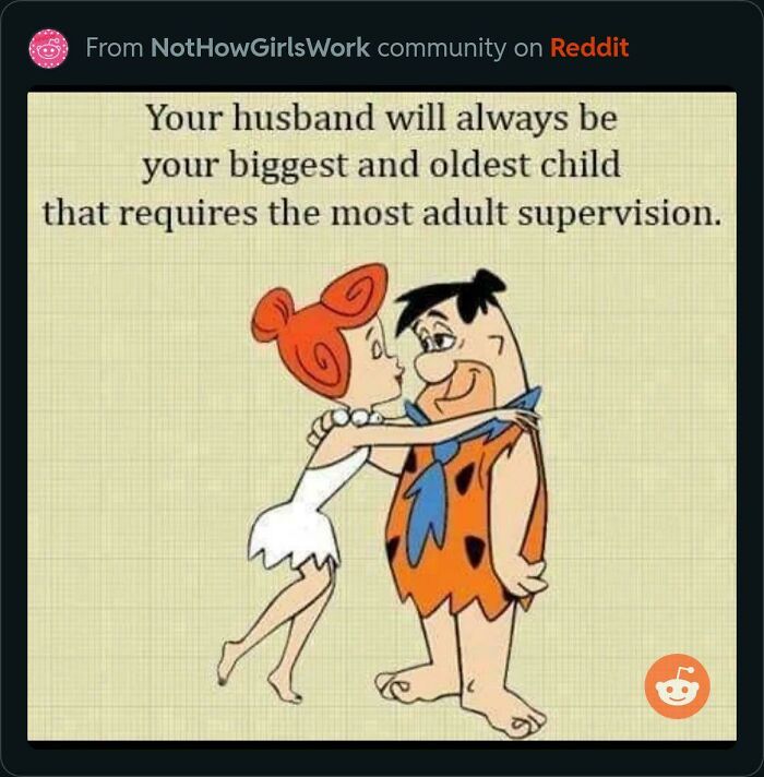 Cartoon of Fred and Wilma Flintstone with text about husbands needing adult supervision