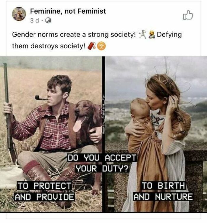 Image emphasizing gender norms with vintage man hunting and woman nurturing a baby