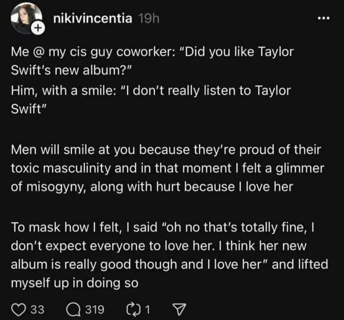 Text about a man's toxic masculinity and reaction to Taylor Swift's album