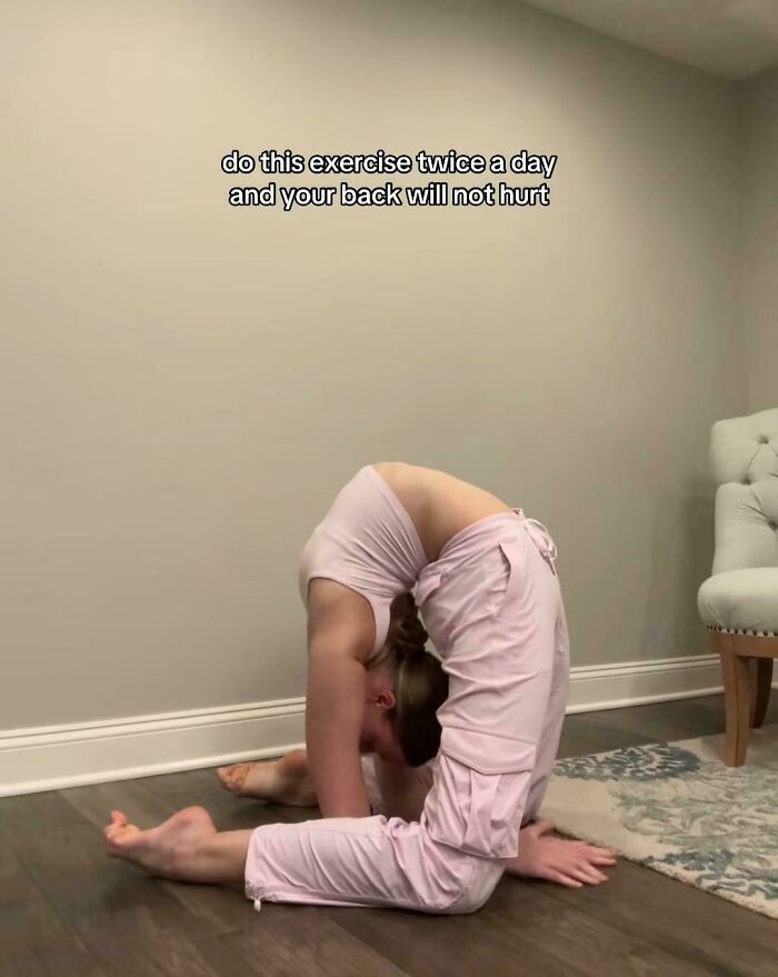 Person doing backbend exercise with caption about exercise preventing back pain