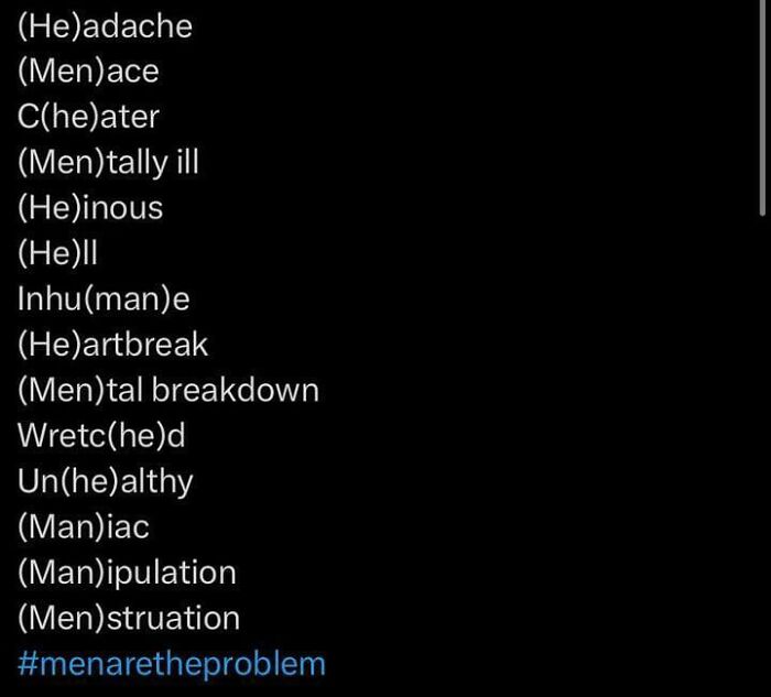 Text showing words with embedded 'he' or 'men' highlighting men's problems
