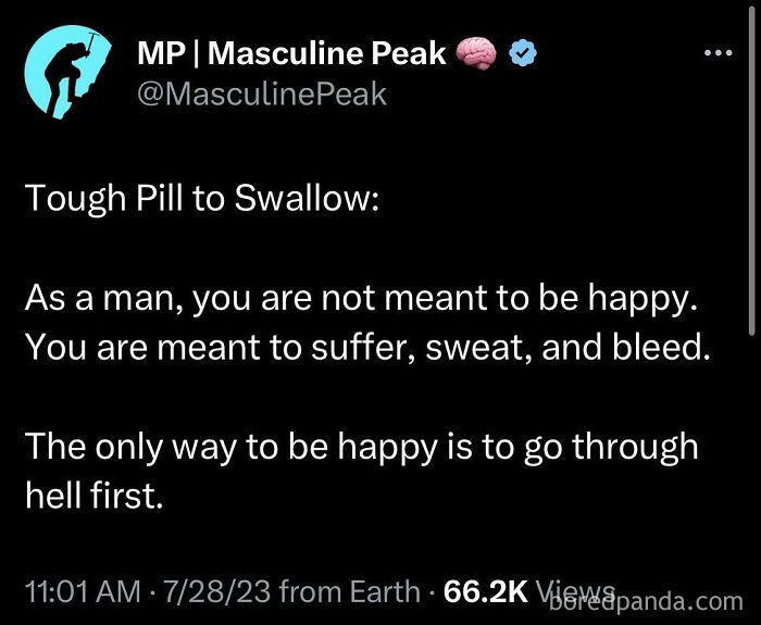 Tweet about masculinity saying men must suffer to be happy