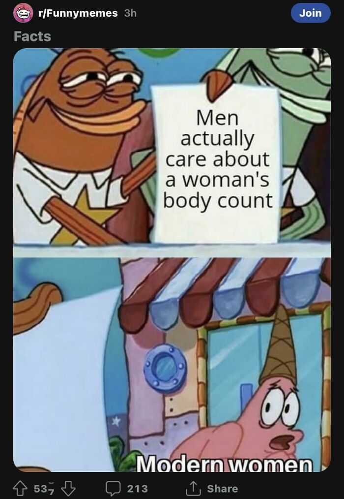 Meme about men caring about women's body count contrasted with modern women