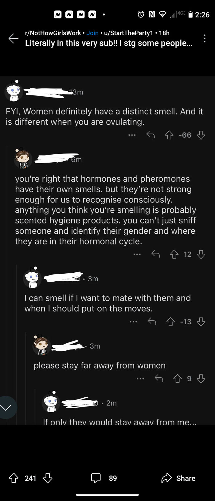 Reddit conversation debating if women have a distinct smell related to ovulation and hormones