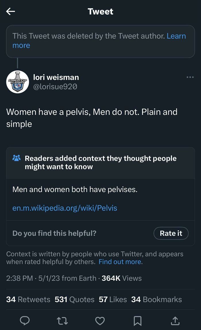 Tweet falsely stating men do not have pelvises with reader-added correction citing Wikipedia