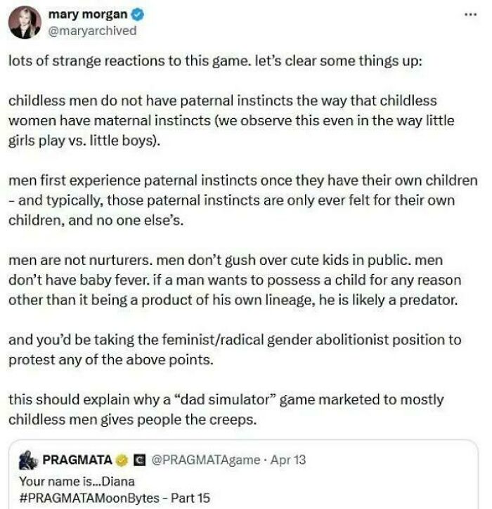 Tweet discussing paternal instincts in men versus maternal instincts in women