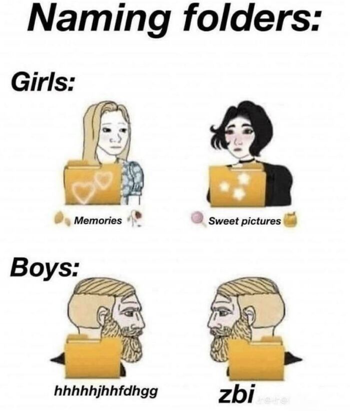 Cartoon comparing how girls and boys name computer folders differently
