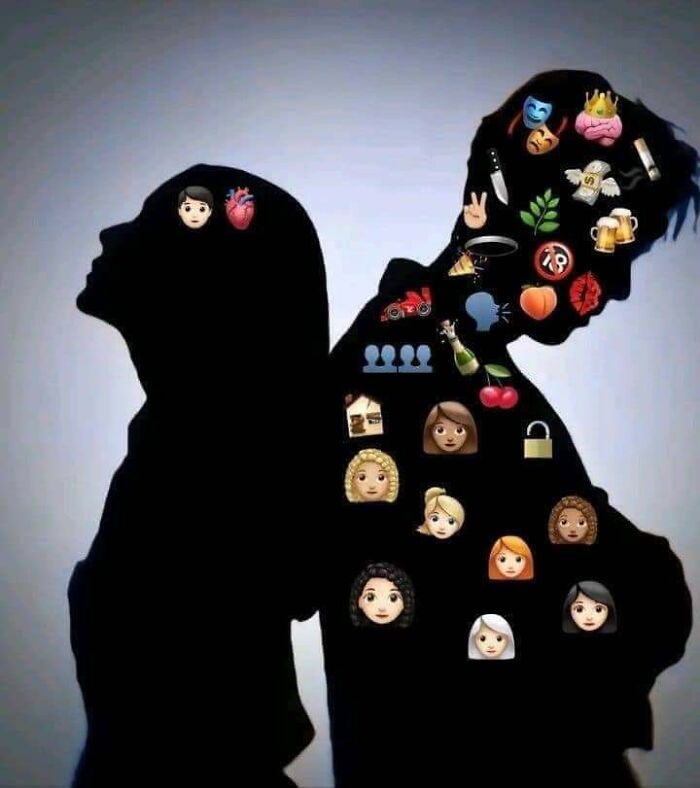 Silhouettes filled with emojis illustrating different male and female traits