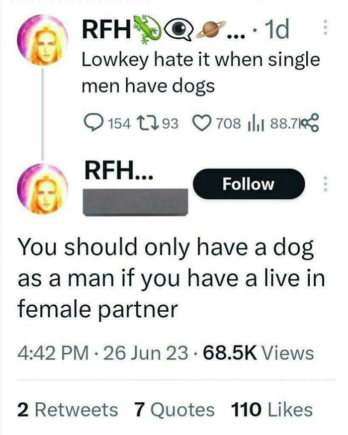 Tweet about single men having dogs and needing female partners