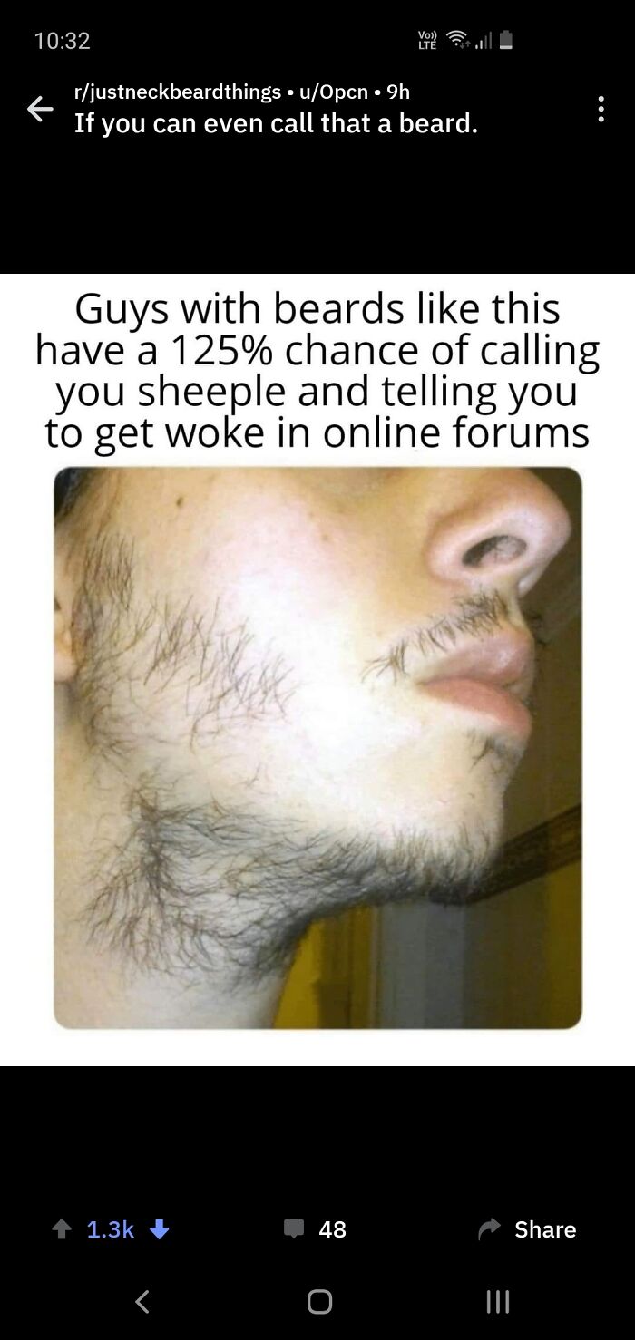 Photo of patchy facial hair with caption about beards and online behavior