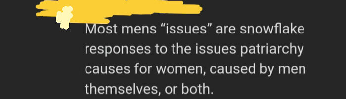 Text about men's issues linked to patriarchy caused by men