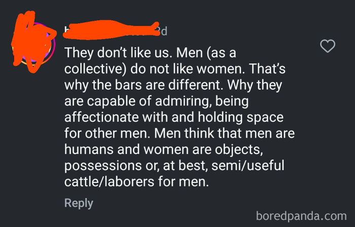 Comment about men's collective dislike of women and gender roles explained