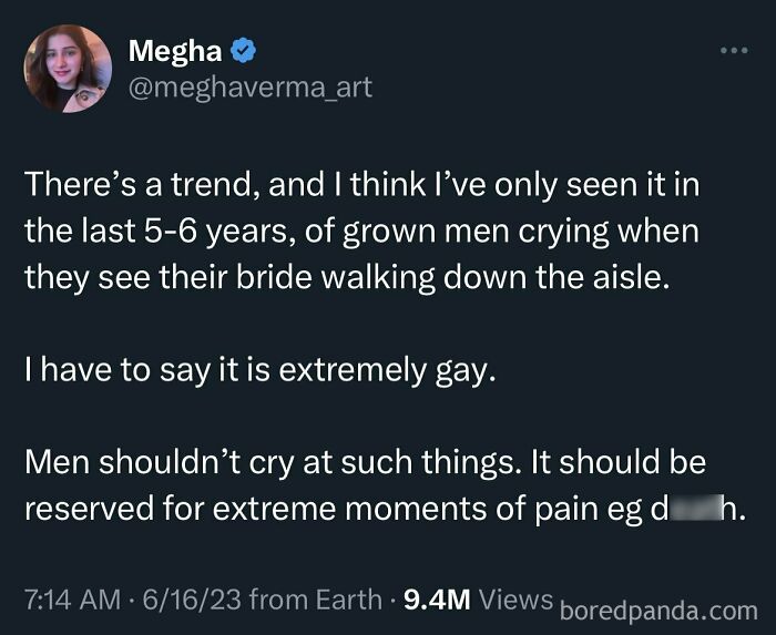 Tweet about grown men crying at weddings seen as extremely gay