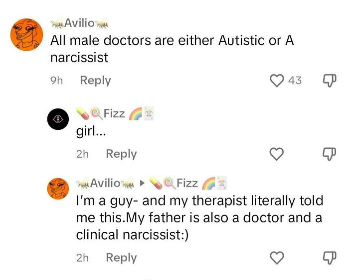 Comment claiming all male doctors are autistic or narcissists