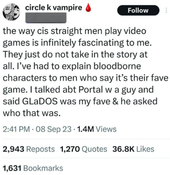 Tweet discussing cis straight men not engaging with video game stories