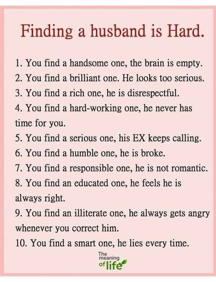 Text image listing reasons why finding a husband is hard