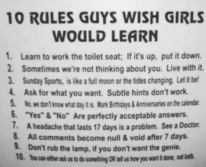 List of 10 rules guys wish girls would learn about relationships