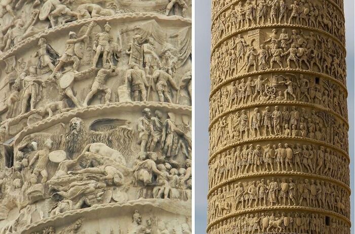 Ancient Roman historical column with intricate battle and daily life relief carvings