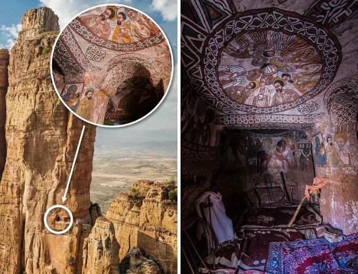 Historical treasures cave with ancient religious wall paintings on mountain cliff