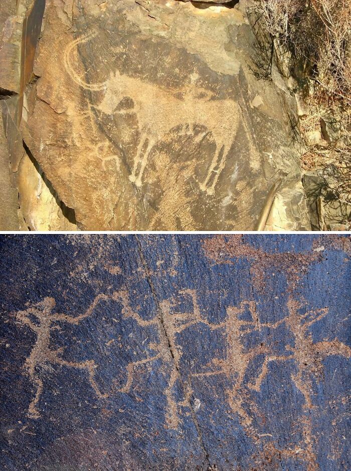 Ancient rock carvings of animals and human figures historical treasures