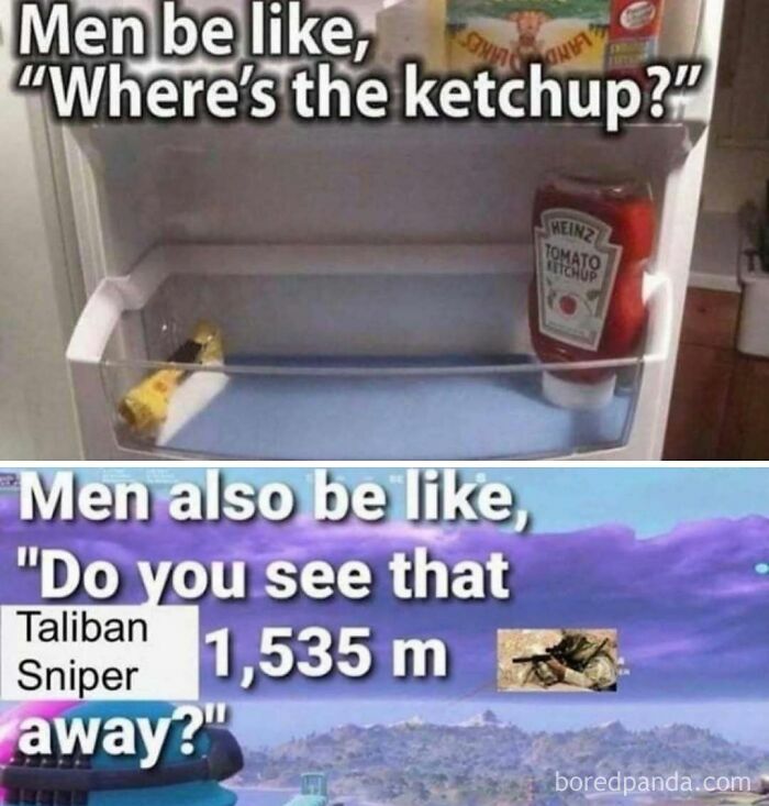 Men searching for ketchup then spotting distant sniper meme