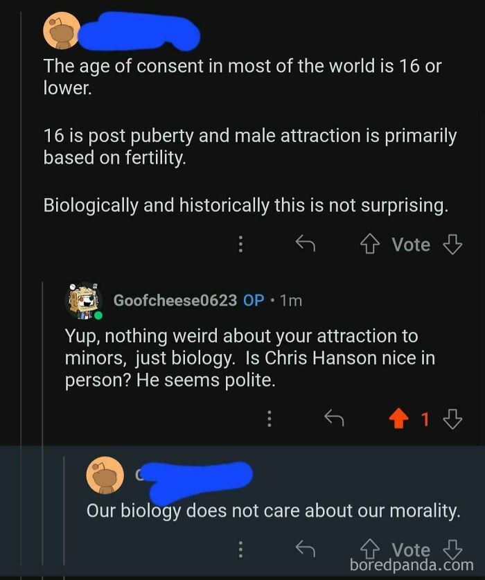 Reddit comments on age of consent and attraction to minors from a biology perspective
