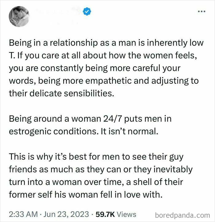 Tweet on men needing male friends to avoid estrogenic effects in relationships