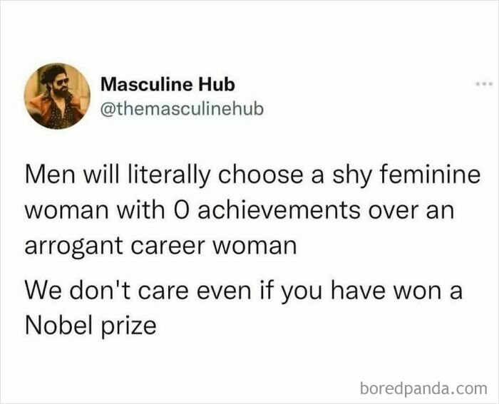 Tweet on men preferring shy feminine women over arrogant career women for masculinity take