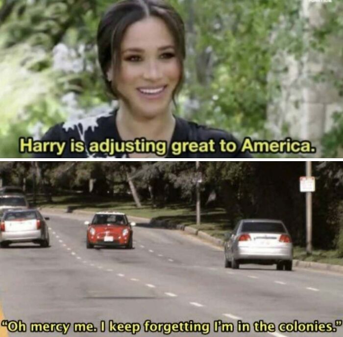 Meme about adjusting to America with quote and car driving on the correct side of the road meme