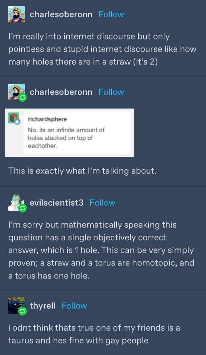 Discussion about how many holes are in a straw with different opinions and humor
