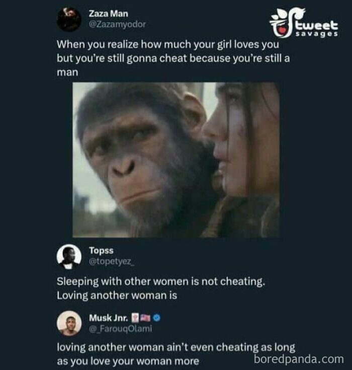 Tweet with image of ape and woman discussing cheating and loving another woman
