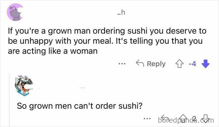 Comment about grown men ordering sushi linked to masculinity debate