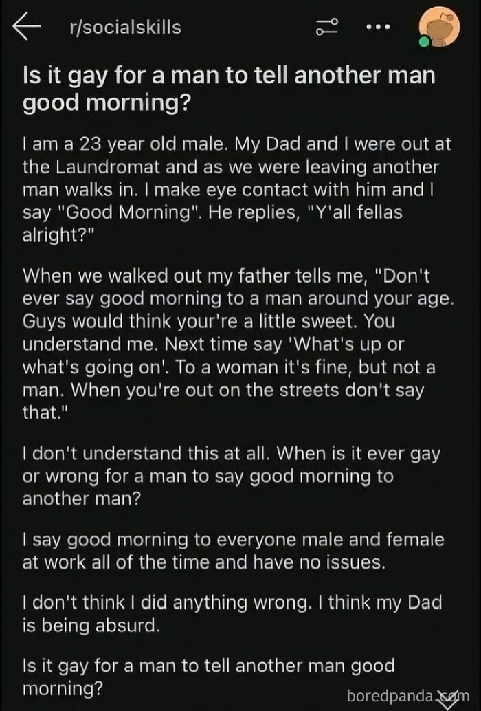 Reddit discussion on whether men saying good morning to other men is considered gay