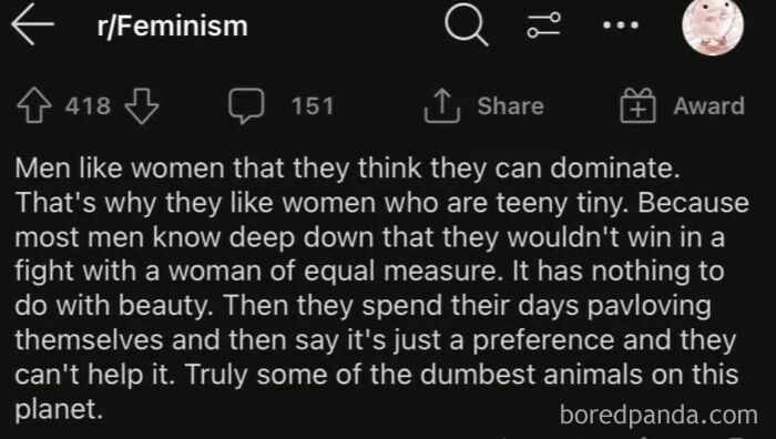 Reddit post from feminism subreddit about men's preference for tiny women due to domination