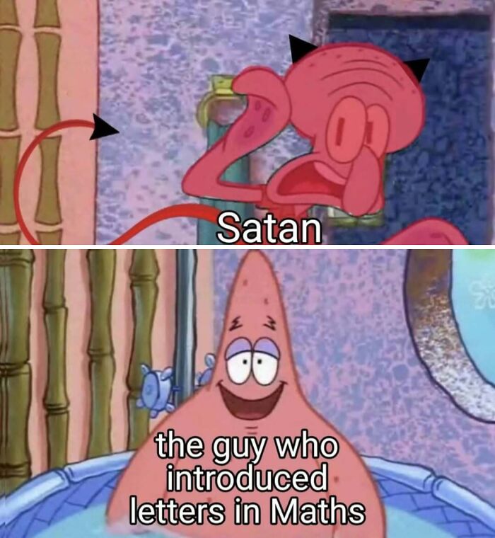 Meme comparing Satan to the guy who introduced letters in math using SpongeBob characters