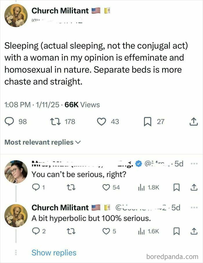 Tweet claiming sleeping with a woman is effeminate and homosexual, advocating separate beds