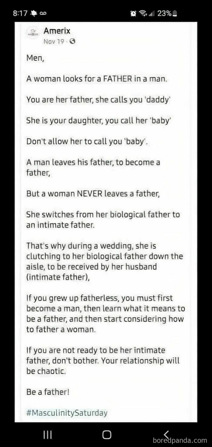 Social media post explaining a woman looks for a father figure in a man in masculinity talk