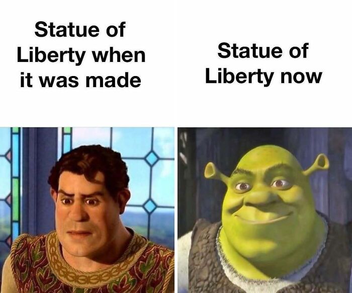Meme comparing Statue of Liberty then and now with Shrek characters for reality escape memes