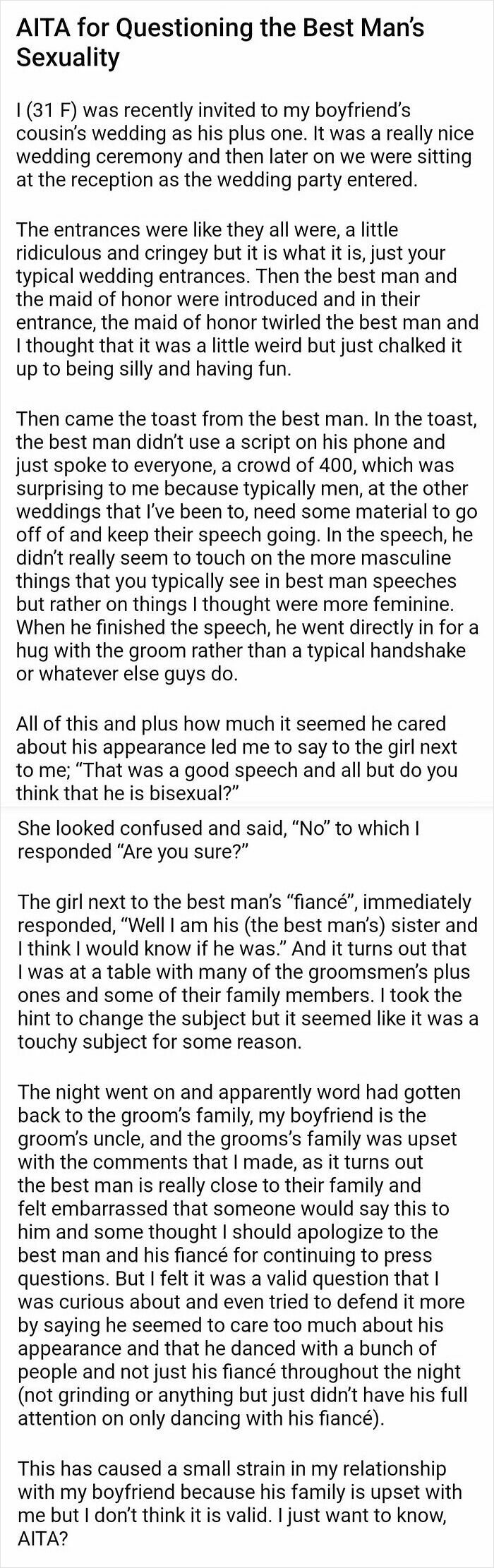 Text about questioning a best man's sexuality at wedding reception