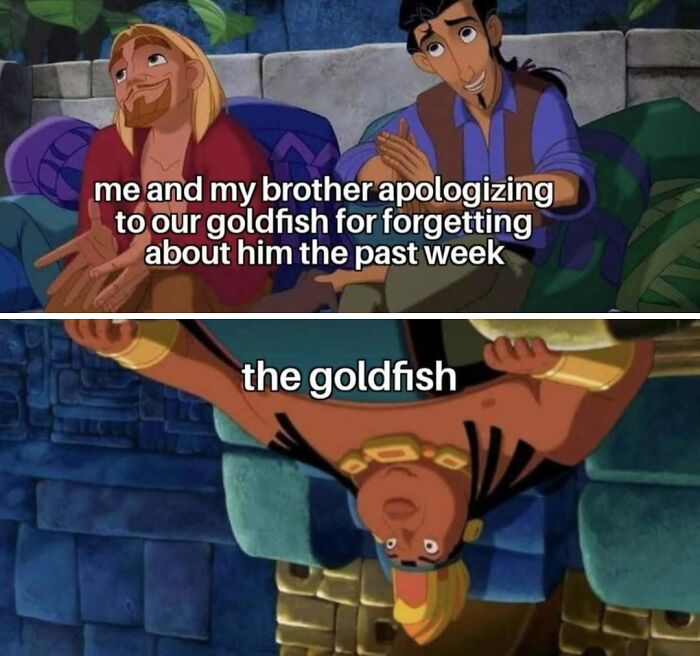 Meme with animated characters apologizing to a goldfish that was forgotten