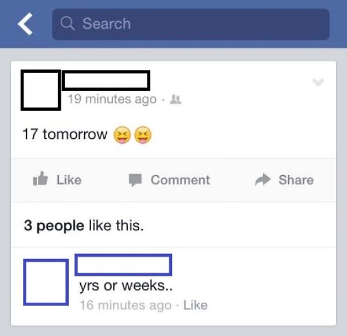 Confusing social media post about '17 tomorrow' with comment asking years or weeks