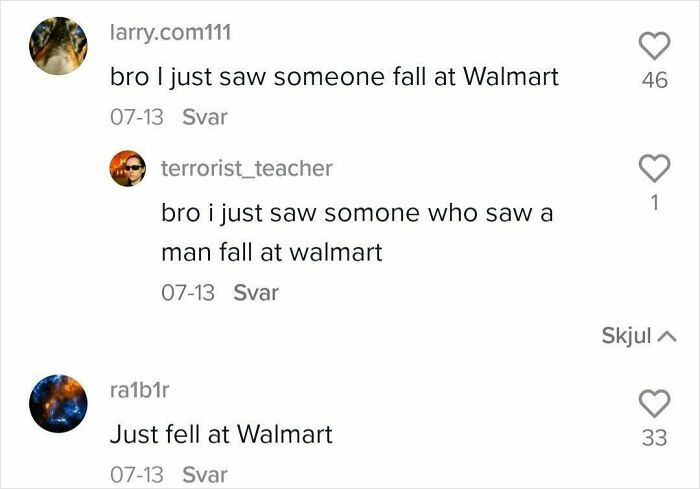 Humorous comments chain about someone falling at Walmart