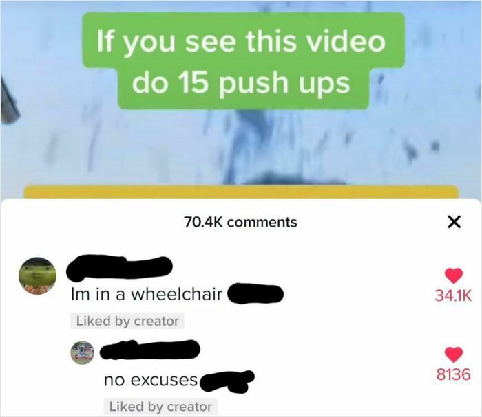 Comment thread on push ups challenge with wheelchair no excuses reply