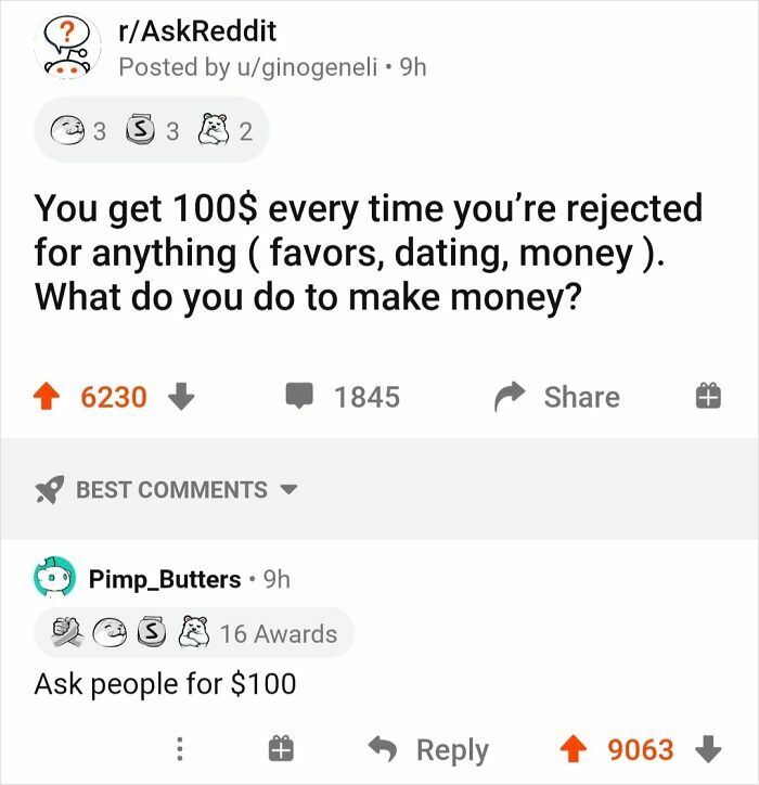 Reddit post about earning money from rejection with top comment asking for 100 dollars