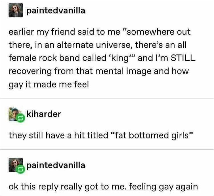 Social media exchange about an all female rock band called king and a hit titled fat bottomed girls